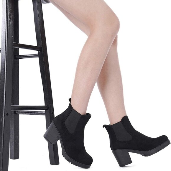 Women's High Chunky Heel Chelsea Ankle Boots Slip On Elastic Fall Heeled Booties - Picture 6 of 6